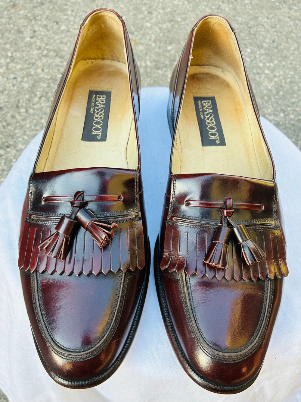 Brass Boot Oxblood  Fringe & Tassel Loafers, Size 10.5